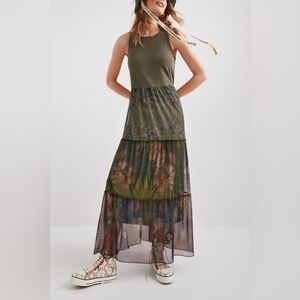 NWT DESIGUAL Maxi Dress Tiered Floral Khaki Green Sleeveless Womens US Size XL